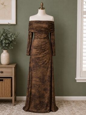 12th Tribe Off-Shoulder Brown Long Sleeve Maxi Dress